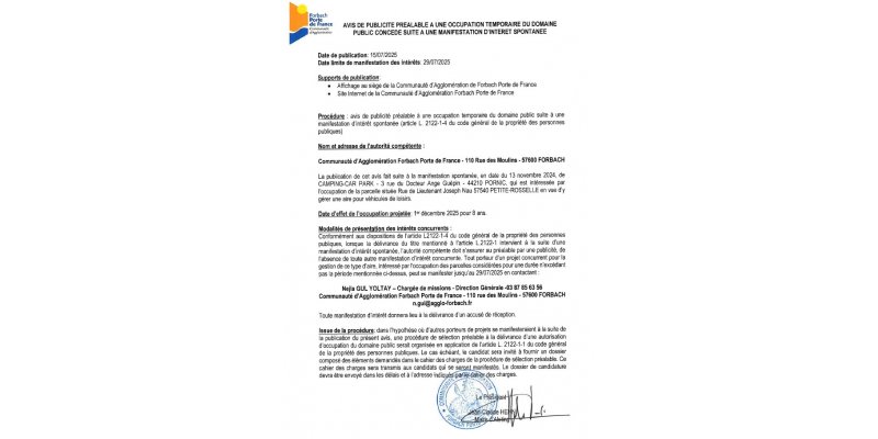 Avis de publicité préalable à une occupation temporaire du domaine public